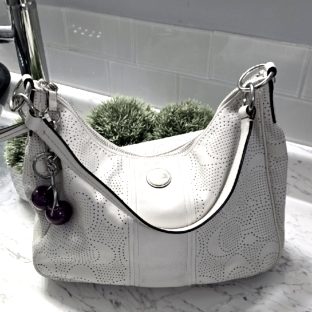 Coach White Perforated Shoulder Bag with Silver Accents